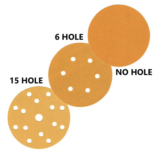 Sanding Discs 6″ (152mm) Gold Velcro-Backed, 0/6/15 Hole